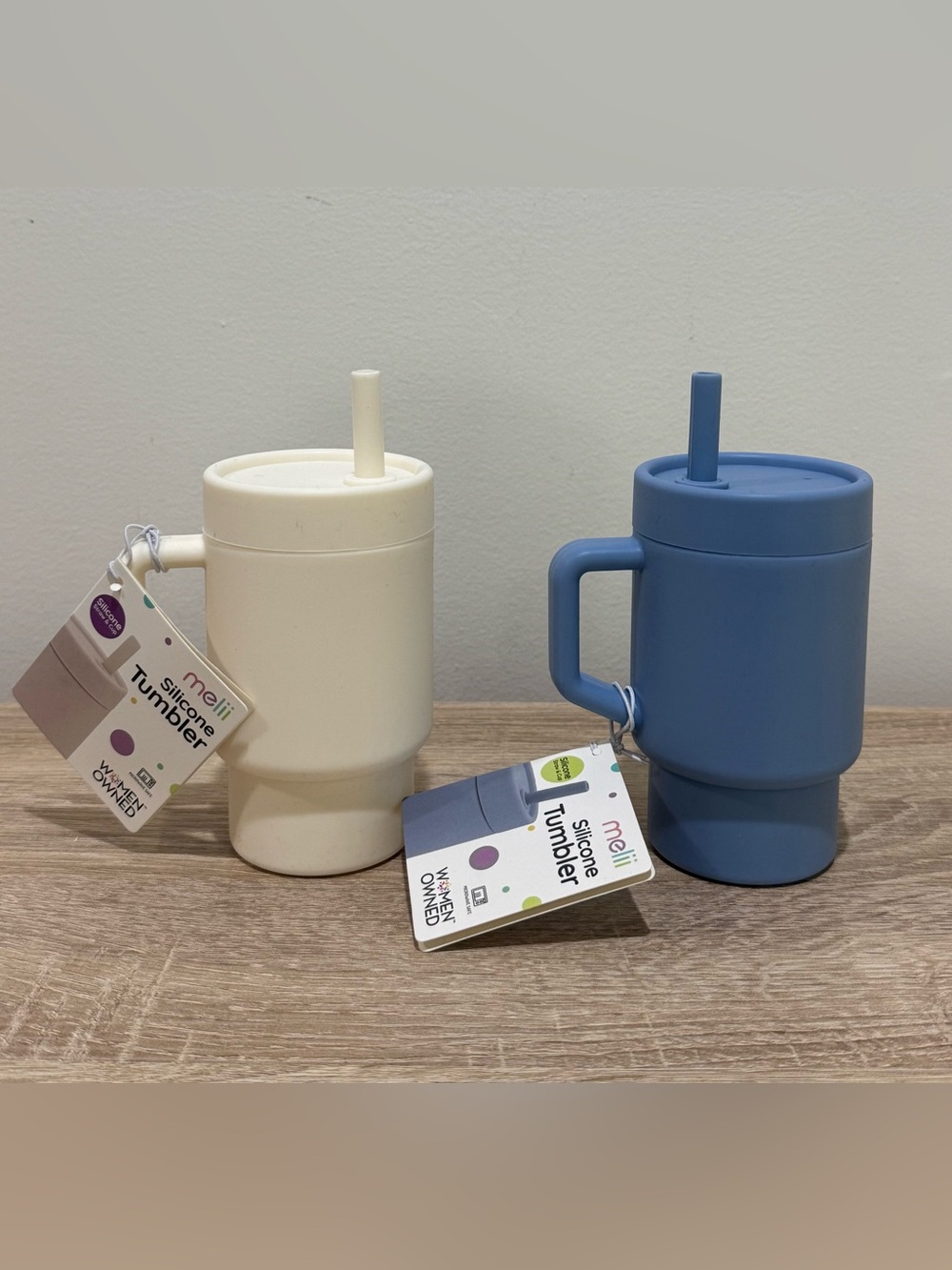 Melii Kids Silicone Tumbler Cup Lot Set of 2 Ivory Blue Toddler Training Mug